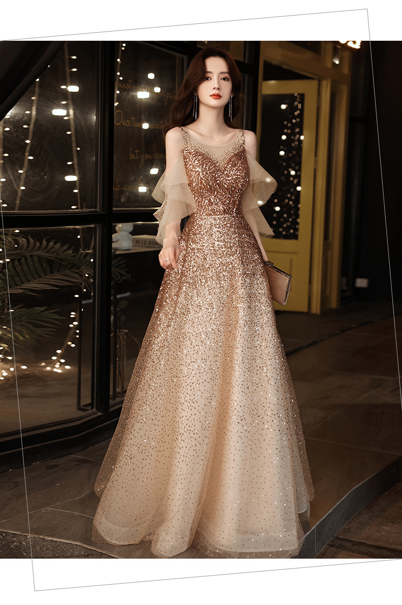 金色晚礼服女2022新款夏季大气优雅宴会名媛气质年会主持人礼服