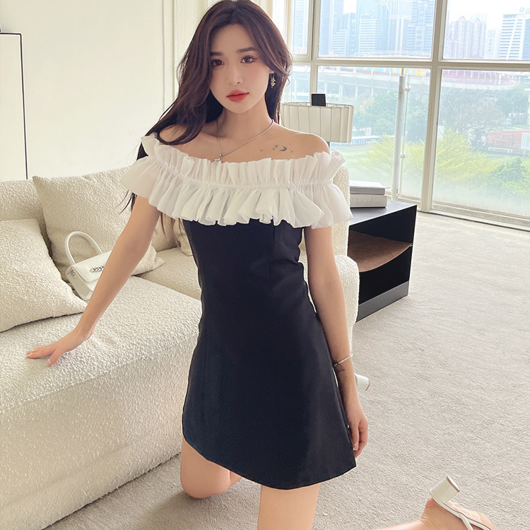 「安娜贝拉」十三行夏季小众名媛风女装连衣裙荷叶边一字肩连衣裙