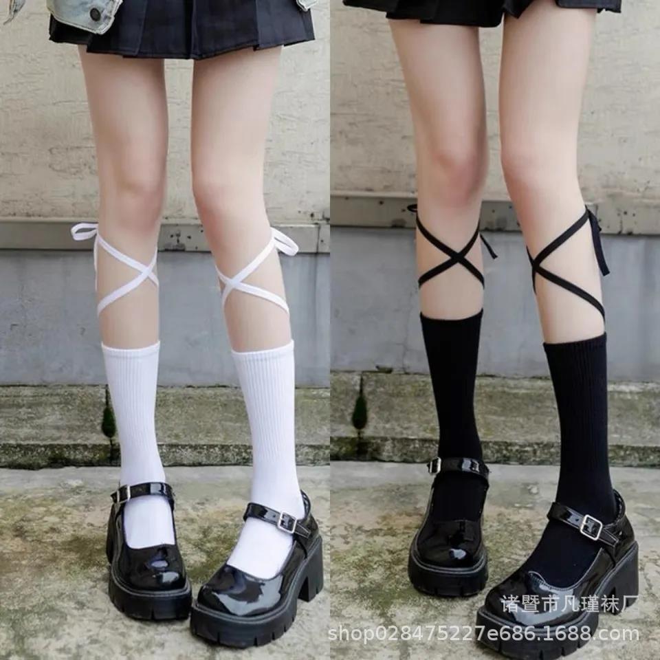 交叉黑色绑腿袜女士ins潮jk韩版中筒袜长袜小腿袜夏季薄款长筒袜