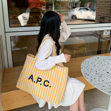 新款实用型购物袋时尚日韩字母竖条纹厚帆布包学生大容量单肩包潮