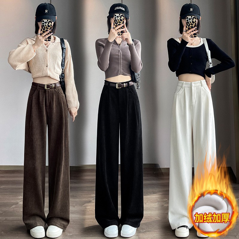 autumn and winter fleece-lined thick chenille corduroy pants women‘s trousers loose high waist wide leg pants women mop pants