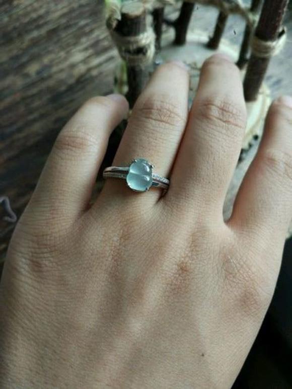 天然缅甸老坑翡翠a货戒银镶冰种糯种荧光葫芦蛋面戒指界面戒指