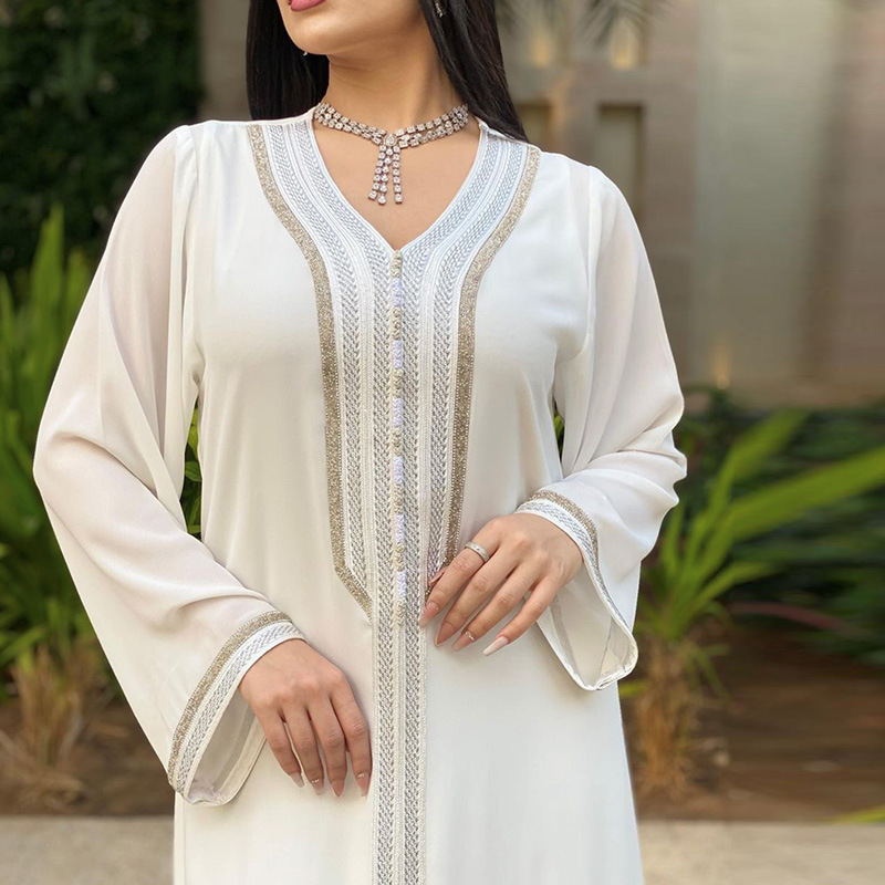 Ab084 Middle East Women's Clothing Cross-Border New Arrival V-neck Abaya Robe Muslim Large Swing Dress with Vest Two-Piece Set