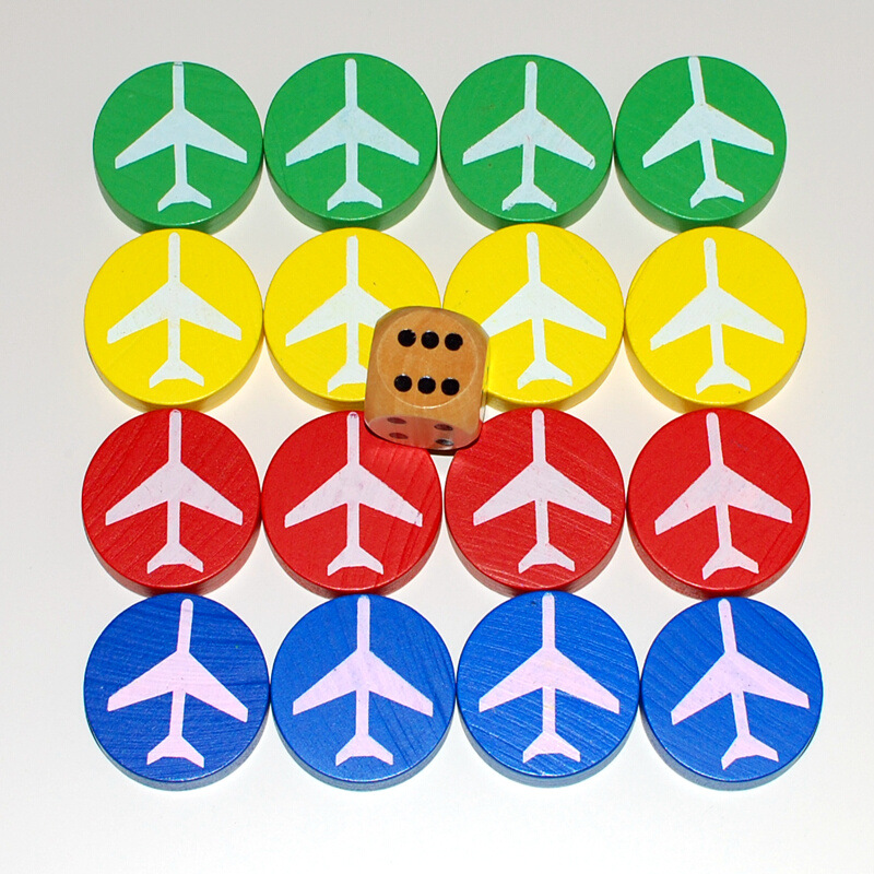 木制飞行棋桌游大号彩色圆片棋子飞机图案儿童游戏配件骰子色子