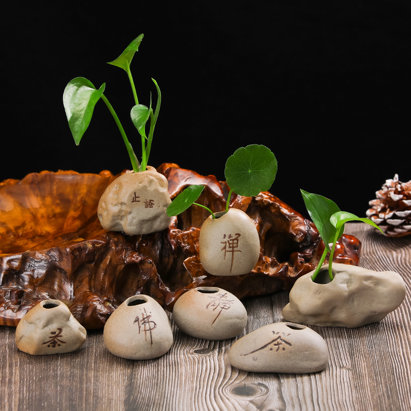 禅意茶桌陶瓷摆件茶宠仿石头装饰品茶台办公室桌面小摆设水培花器