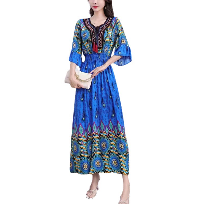 Cross-Border Southeast Asian Style Ethnic Style Cotton Silk Floral Dress Short Sleeve 2023 Summer Printed Vacation Style Artificial Cotton