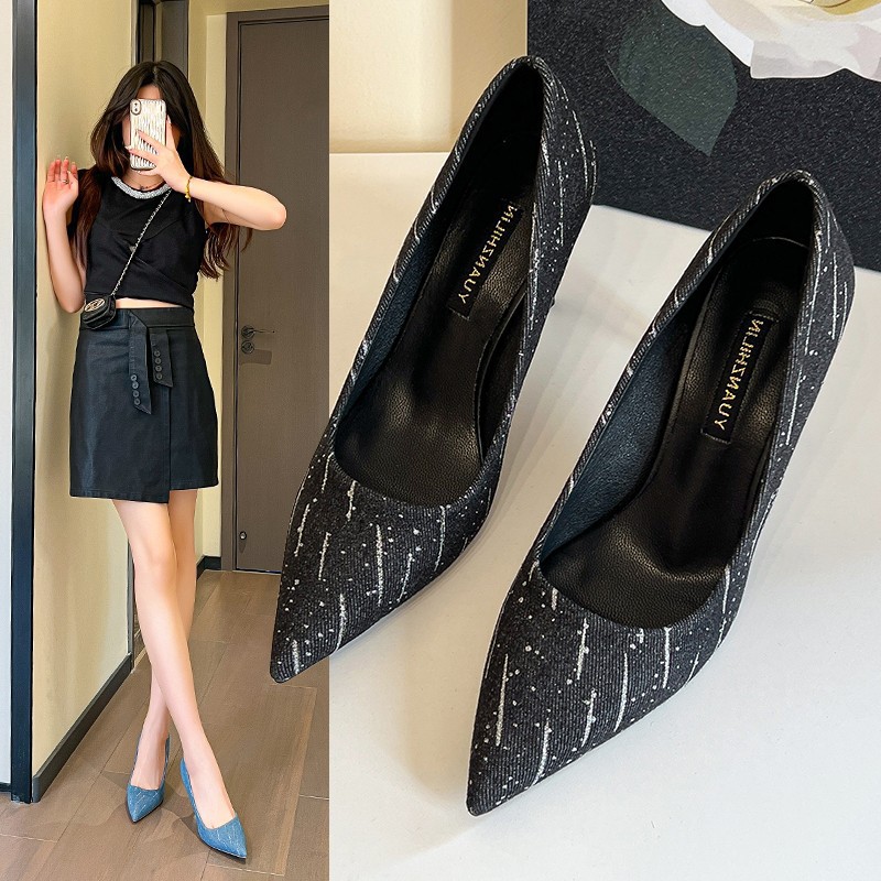 法式黑色高跟鞋女2024春季新款气质设计感女神范网红细跟名媛单鞋