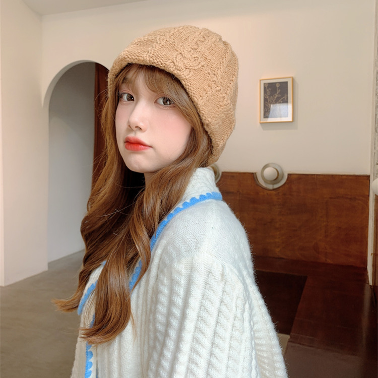 麻花卷边毛线帽女日系可爱显脸小针织帽子韩国秋冬保暖大头围冷帽
