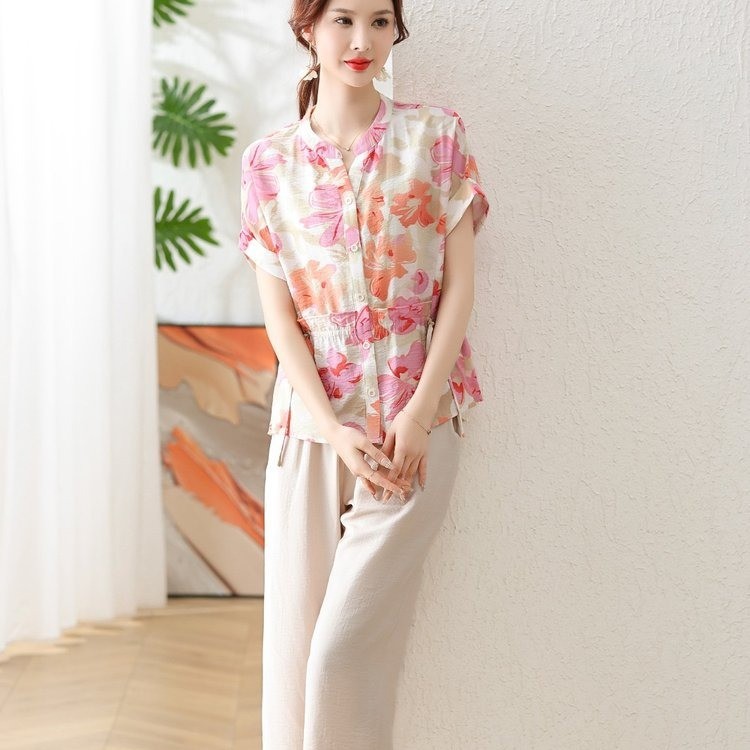 Mom's Summer Cotton and Linen Shirt Western Style 2024 New Middle-Aged and Elderly Women Summer Short-Sleeved Top Fashion Two-Piece Suit