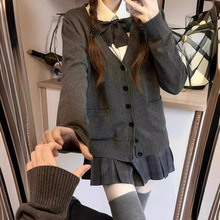 日系jk制服学院风针织开衫女基础款秋冬v领开衫毛衣外套学生校服