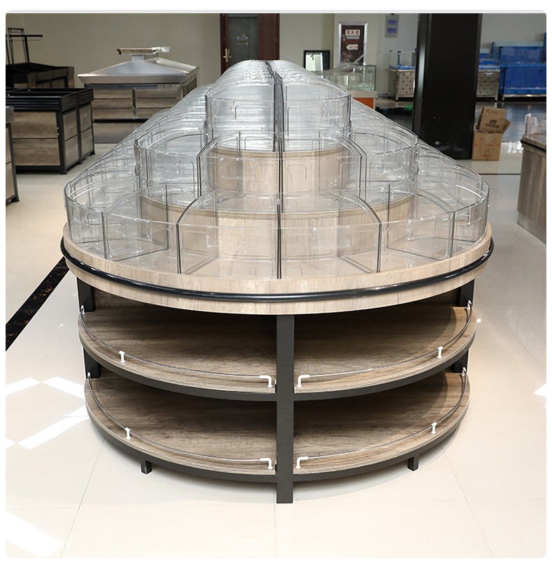 超市圆形货架厂家直供椭圆形散称零食糖果货柜零食铁木三层散称柜