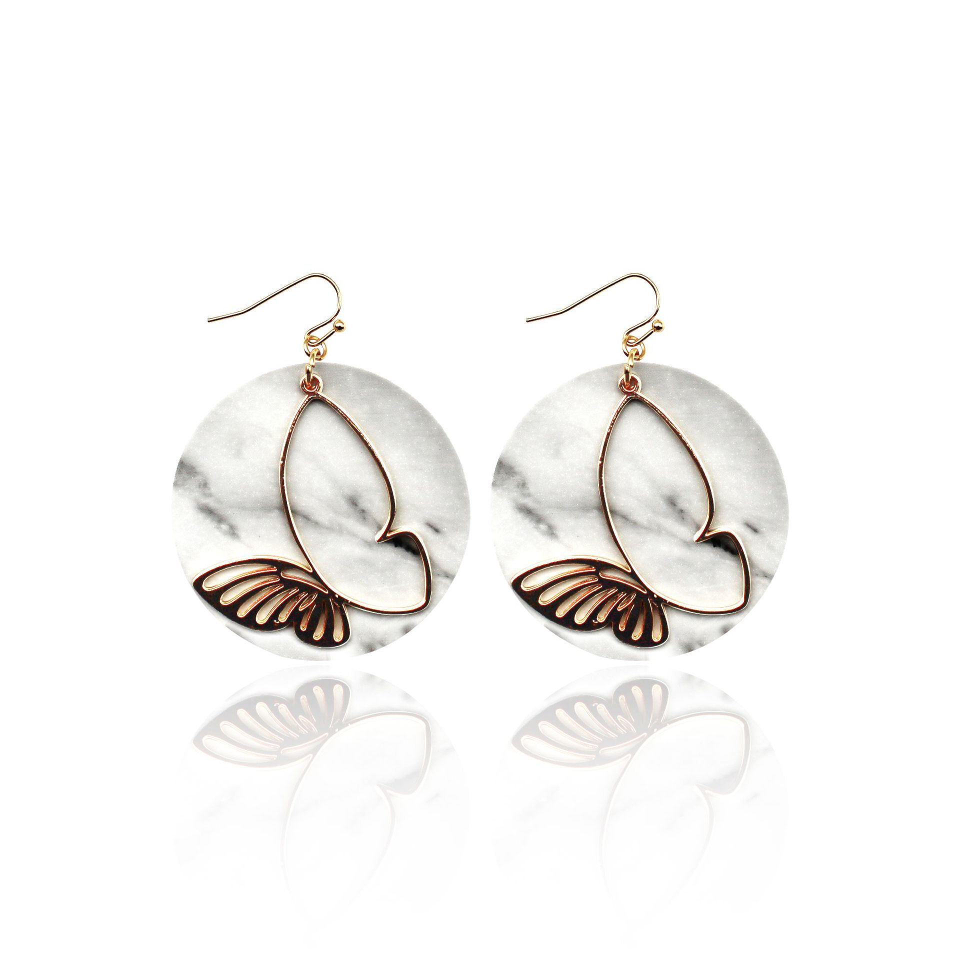 Natural Marble Texture Leather Pu Earrings Alloy Butterfly round Cross-Border European and American Amazon