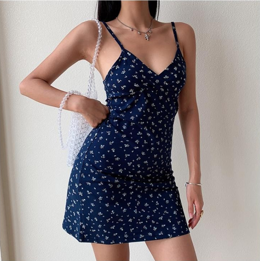 European and American Pure Desire Retro Printed V-neck Strap Dress Women's Summer 2023 New Floral Slip Dress Women's Foreign Trade
