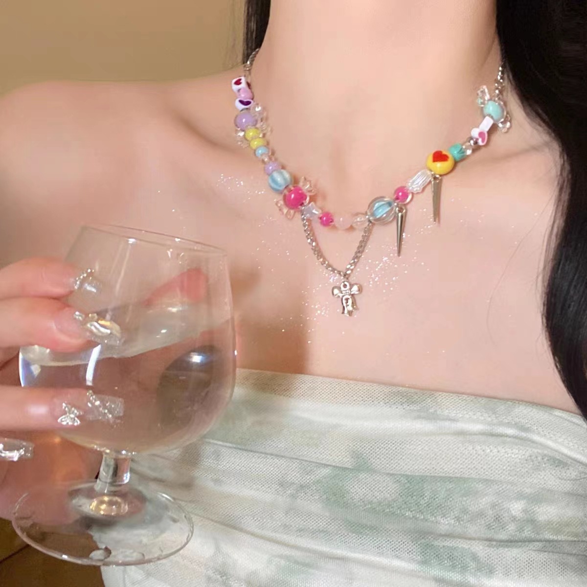 Candy-Colored Dopamine Necklace for Women All-Match Special-Interest Design Beaded Clavicle Chain Sweet Cool Hot Girl Necklace Online Influencer Jewelry