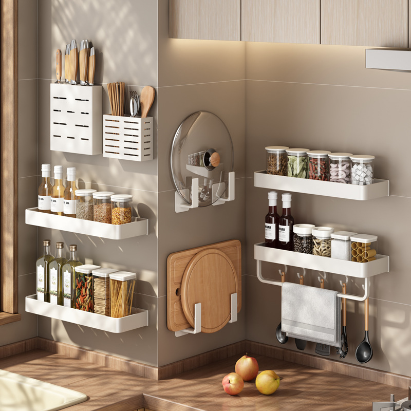 kitchen rack wholesale punch-free alumimum wall-mounted seasoning rack chopsticks holder knife holder white kitchen storage