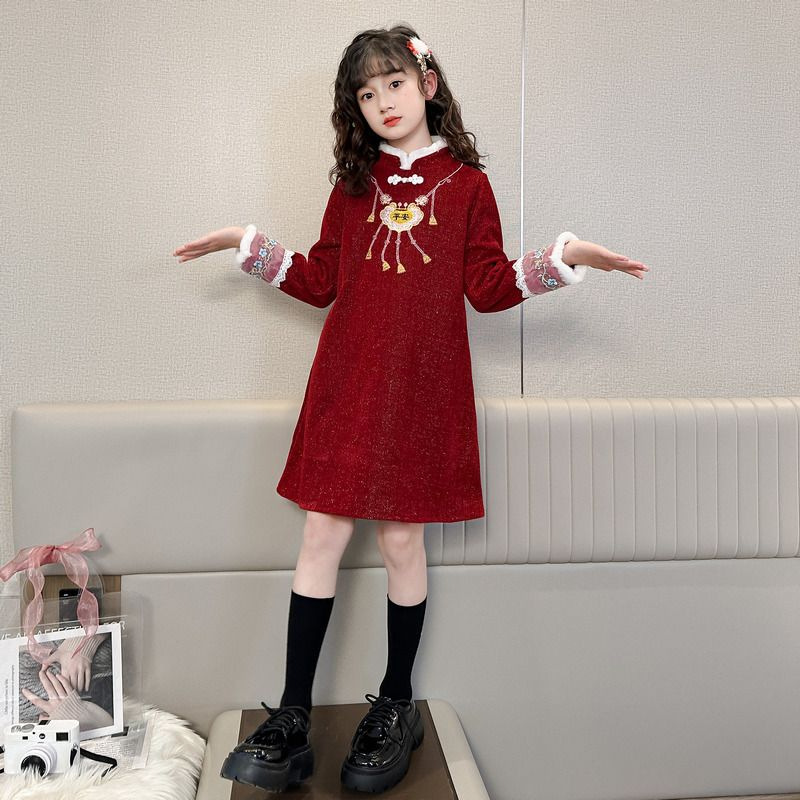 (加绒)女童旗袍秋冬拜年服中国连衣裙过年儿童红色
