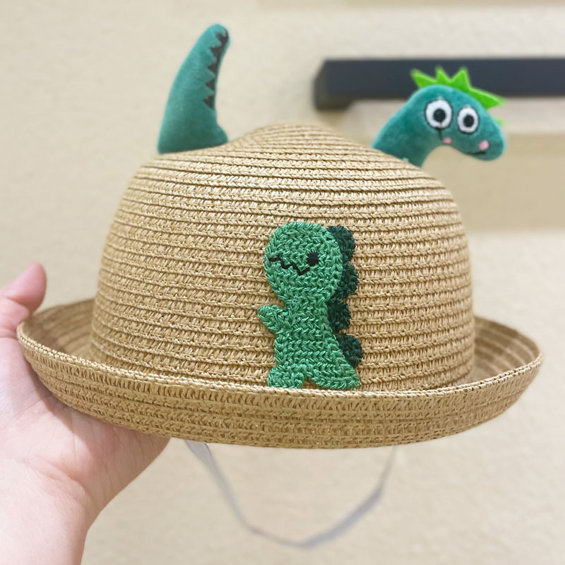 Cute Children's Straw Hat Children's Summer Korean Style Sun-Proof Baby Sun Hat Boy Dinosaur Cartoon Bucket Hat