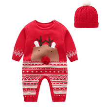 婴儿连体衣冬季新款加绒小鹿圣诞针织爬服宝宝外出保暖哈衣帽子