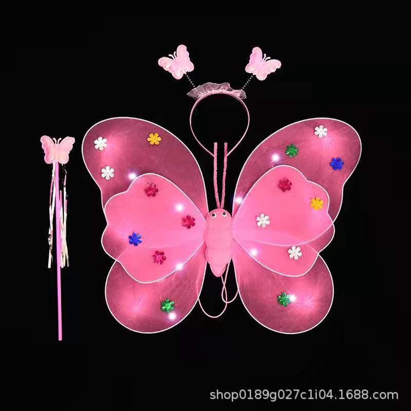 Little Girl's Back Luminous Simulation Butterfly Wings with Lights Children's Performing Costumes Stage Props Dress up 4 PCs Set