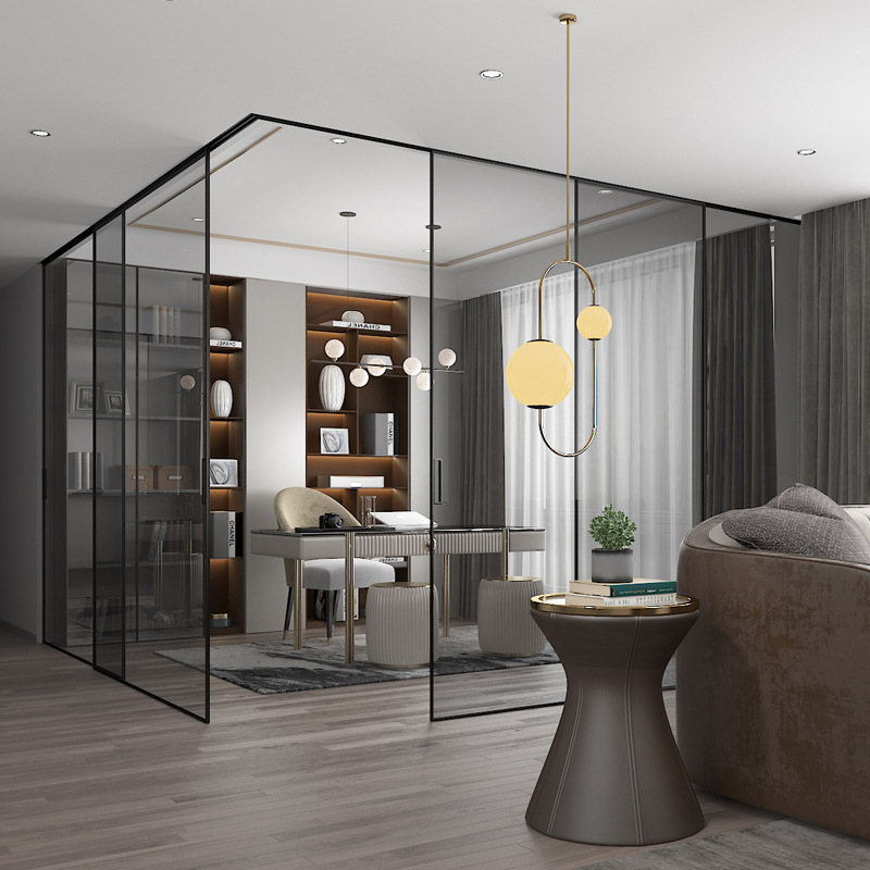 安舍简约转角玻璃推拉门窄边框三联动铝合金推拉门隔断吊滑门