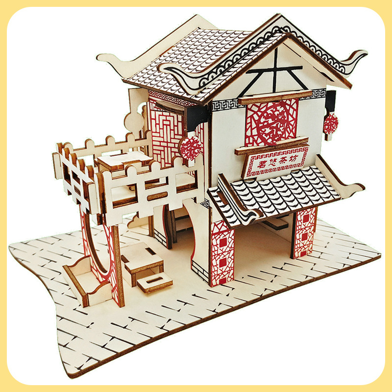 茗轩茶楼 木质3d立体拼图仿真模型 儿童木制益智diy装拼木头玩具