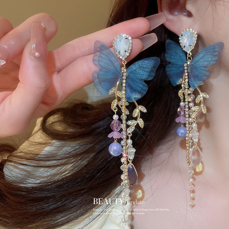 Silver Needle Crystal Mesh Butterfly Flower Pearl Tassel Earrings High-Profile Earrings Super Fairy Sweet Style Earrings Wholesale for Women