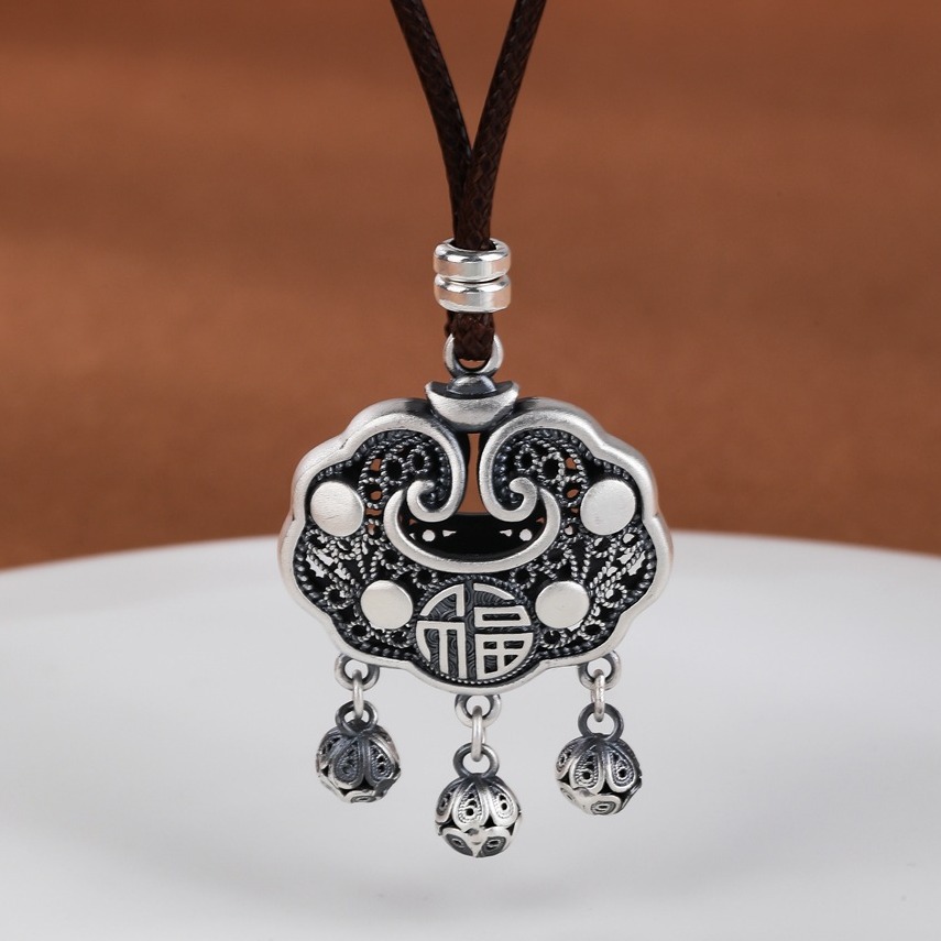 s999足银花丝福字长命锁吊坠女如意平安锁国潮复古民族风纯银项链