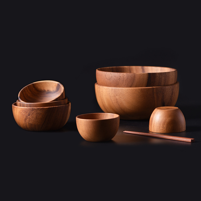 round Wooden Bowl Spot Factory Direct Sales Acacia Mangium Salad Bowl Wooden Creative Rice Bowl Quantity Discounts