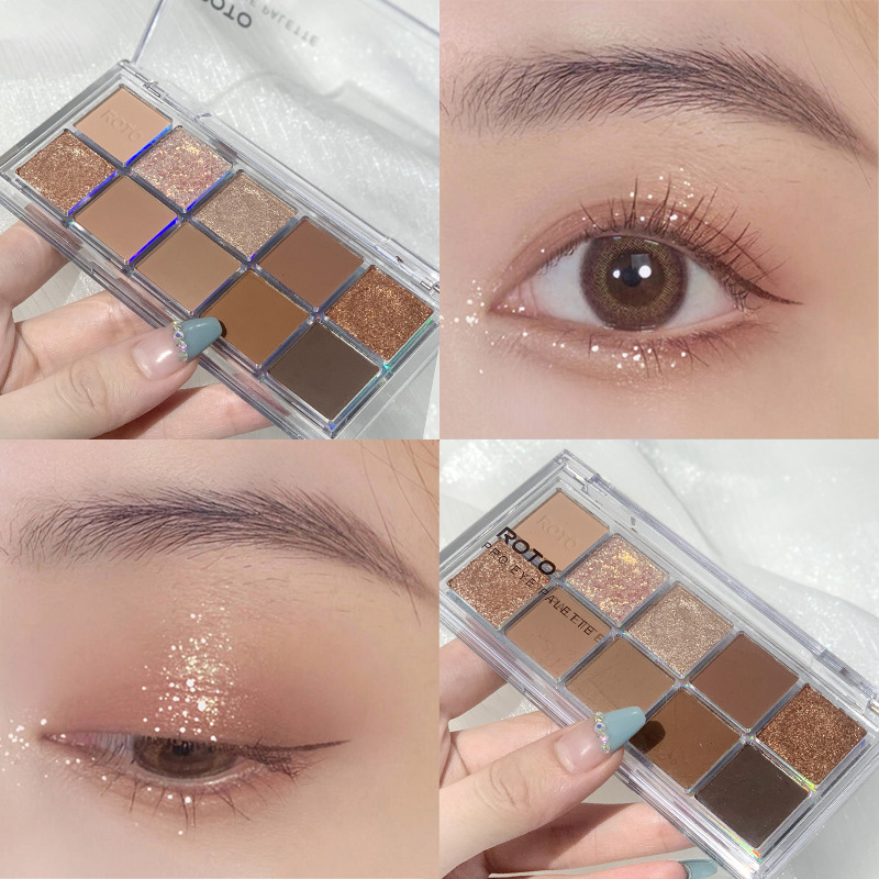Roto Ten Color Eyeshadow Palette Earth Color Shimmer Matte Glitter 10 Color Eye Shadow Ins Makeup Tik Tok Live Stream Same Style