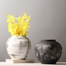 新中式陶瓷圆罐子花瓶 手绘水墨插花花器 客厅花架创意装饰品摆件