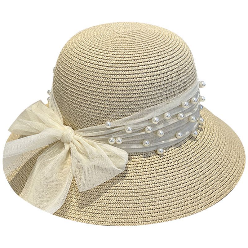 Summer Elegance Straw Woven Pearl Mesh Sun-Proof Straw Hat Female Bow French Sun Protection Hat Seaside Bucket Hat Bucket Hat