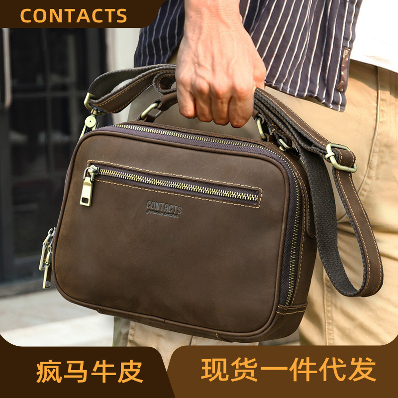 黑天使复古疯马牛皮手提两用男士单肩斜挎包真皮时尚休闲男款包包