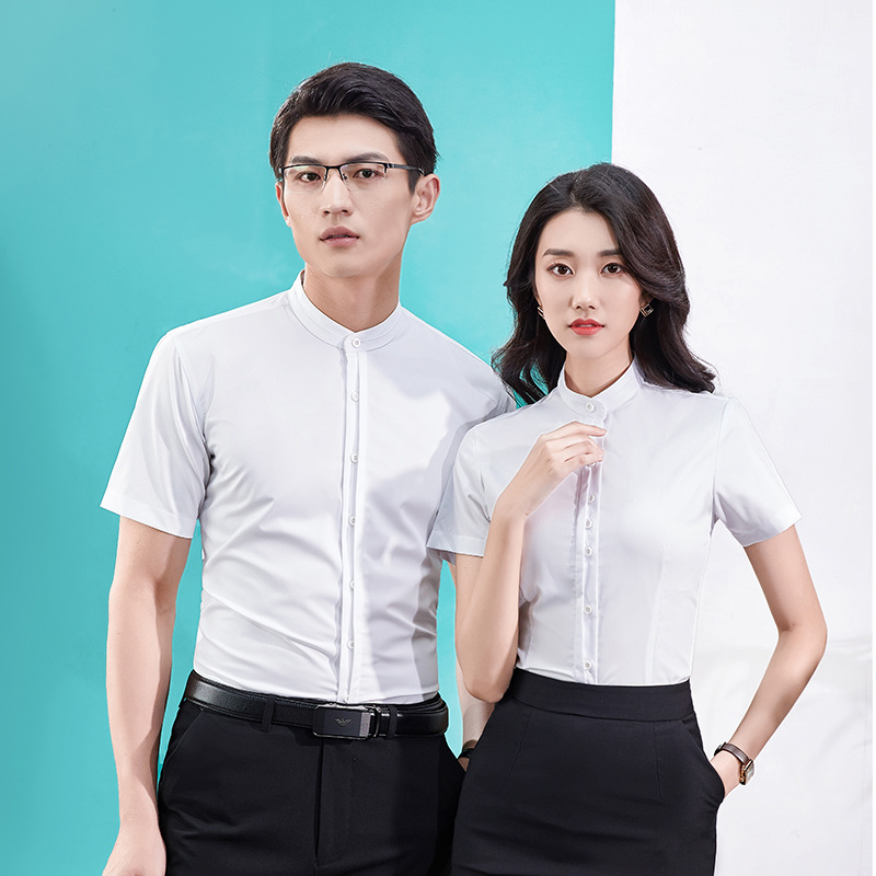 立领衬衣女式职业装男女同款短袖衬衫正装酒店茶楼经理工作服批发