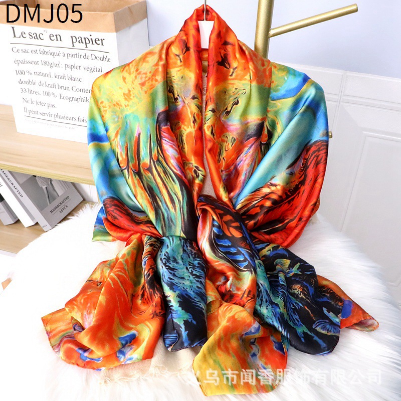 2022 New Rainbow Silk Scarf Female Tencel Brocade New Silk Scarf Colorful Sunscreen Shawl Neck Protection Decorative Scarf