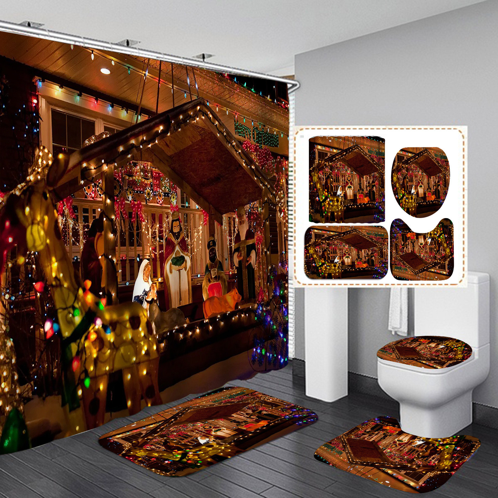 Amazon Direct Sales Christmas Shower Curtain Set Series Waterproof Punch-Free Partition Curtain Hotel Rain Curtain