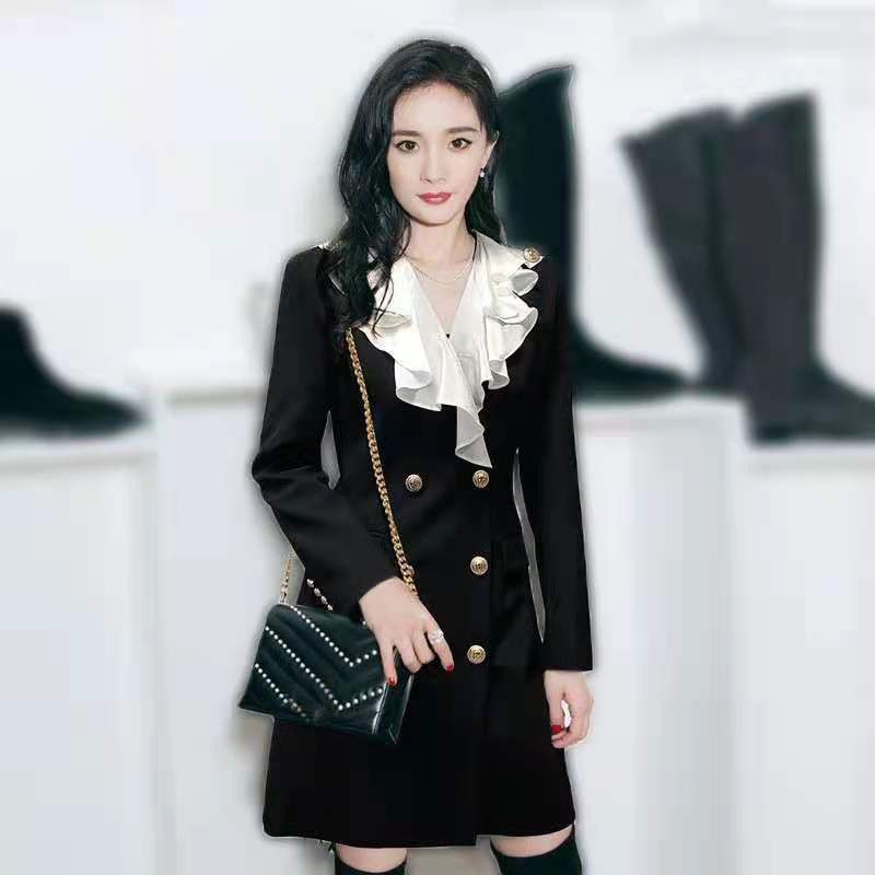 杨幂明星同款2021秋季女装白色荷叶边领长袖订扣修身气质西装外套