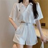 2022 leisure time motion suit summer College wind Easy Short sleeved jacket Broad leg shorts fashion Two piece set