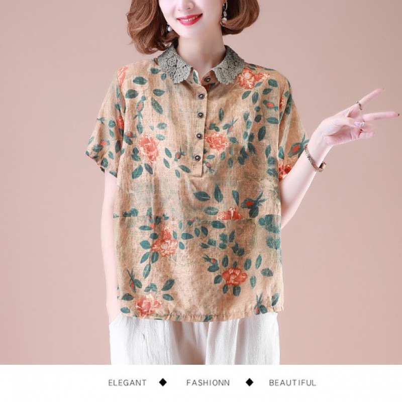 中年妈妈夏装棉麻短袖衬衫中老年套装女印花t恤上衣两件套40岁50