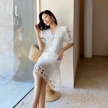 白色连衣裙旅行穿搭女铜氨丝拼接2023新款韩版宽松显瘦沙滩裙F622
