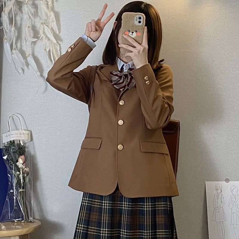 日系基础款jk制服西装三粒扣茶色西服女学生棕色班服校服上衣外套