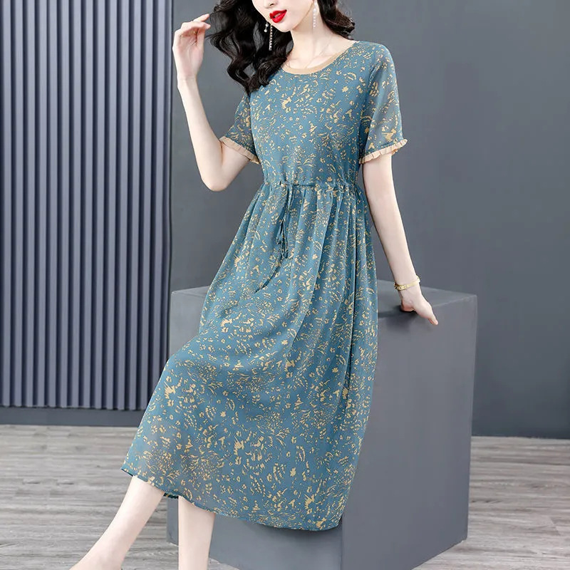 Mother's Light Luxury Dress plus Size Lace up Waist-Tight Temperament Slimming Youthful-Looking Printed Overknee Skirt 2023 Summer New