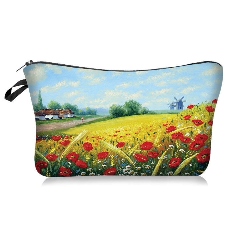 Cross-Border New Arrival Oil Painting Landscape Series Cosmetic Bag Handheld Storage Wash Bag Lazy Portable Travel Bag