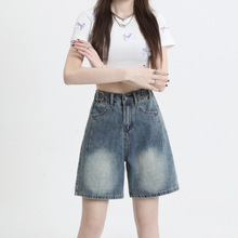 2023夏季新款高腰多扣宽松直筒牛仔中裤女阔腿五分裤JEANS SHORTS