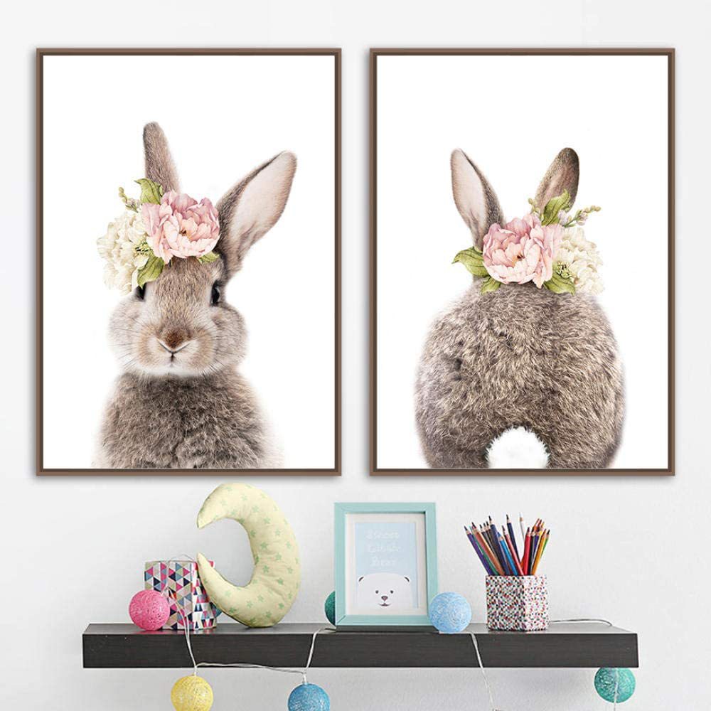 可爱动物艺术画卧室装饰画卡通萌宠挂画芯墙面壁画可爱兔子两联画