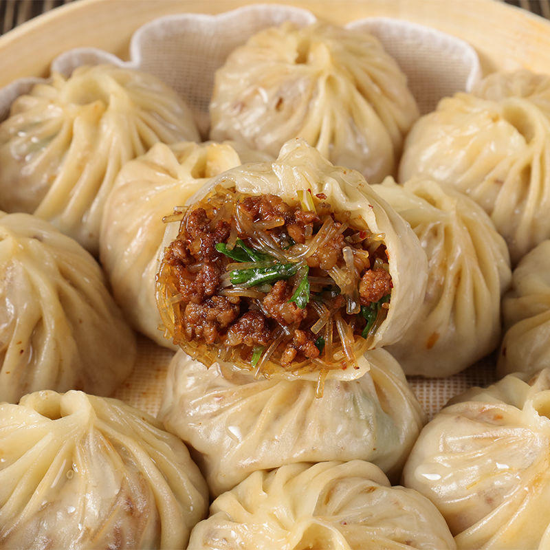 水晶薄皮香辣粉丝包三鲜虾仁小笼包家用加热即食速冻批发