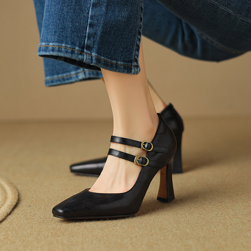 女鞋2024春夏季新款鞋子方头粗跟高跟鞋搭扣玛丽珍鞋正装气质单鞋