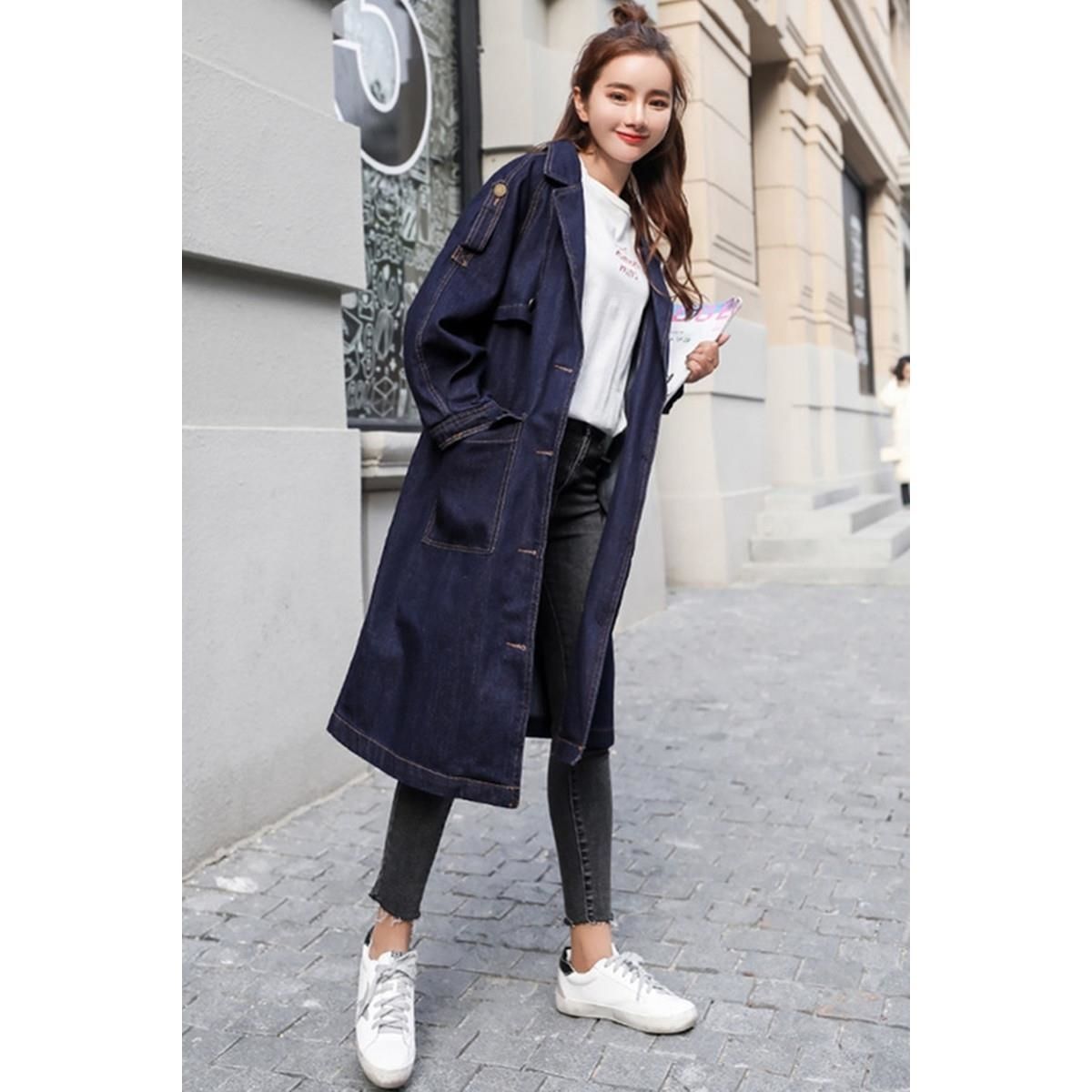 大码女装中长款牛仔风衣装胖mm斤宽松薄款开衫外套港风潮