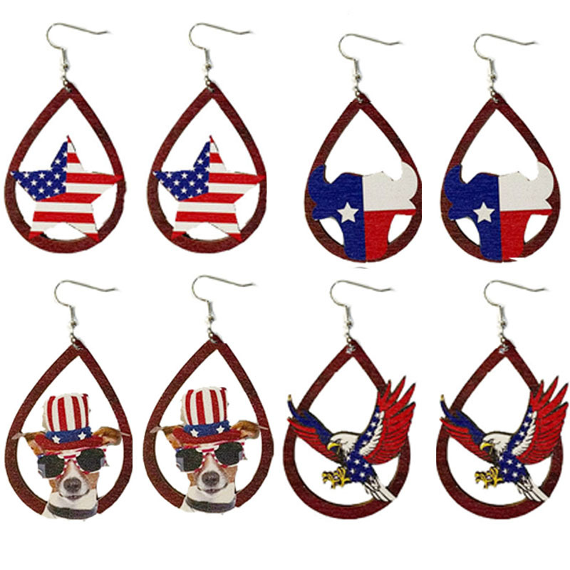 Cross-Border Hot Sale American Independence Day Water Drop Earrings Eagle Maple Leaf SUNFLOWER Five-Pointed Star New Wooden Earrings