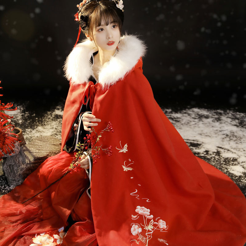 斗篷女汉服古风毛领斗篷古装冬季保暖长款红白色加厚披风汉服刺绣