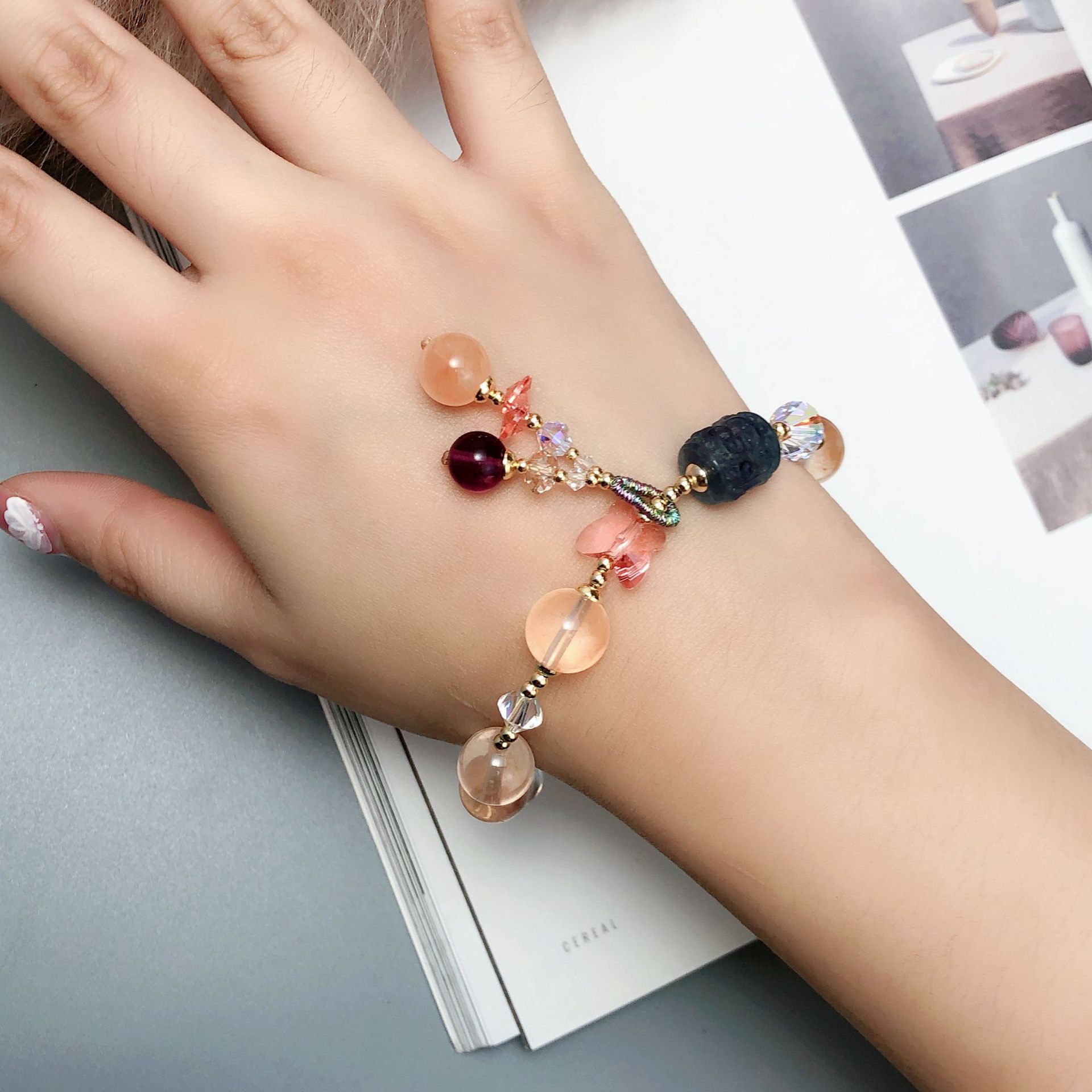 简约甜美红兔毛萤石手链单圈奥地利水晶手串手工饰品串珠配饰首饰